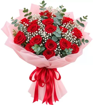 Bó hồng đỏ gói hồng phấn
