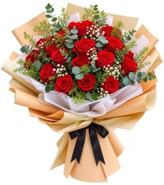 Bó hồng đỏ kraft nơ đen