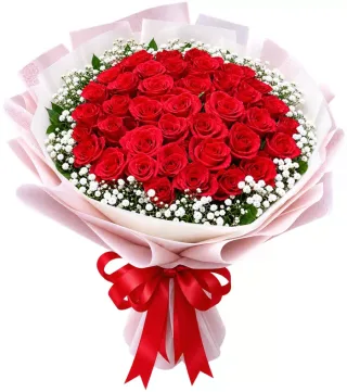 Bó hồng đỏ tròn giấy hồng