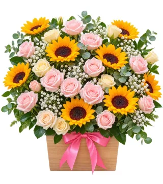 Giỏ hướng dương phối hồng phấn