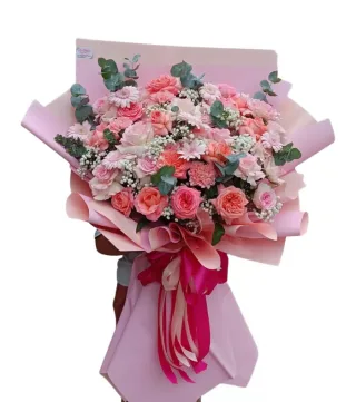 Bó hồng phối đồng tiền hồng