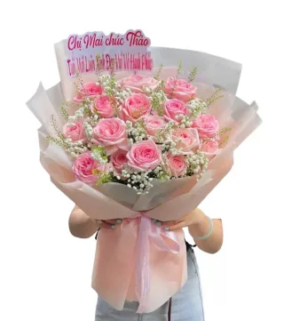 Bó hồng phấn phối baby trắng và lá xanh