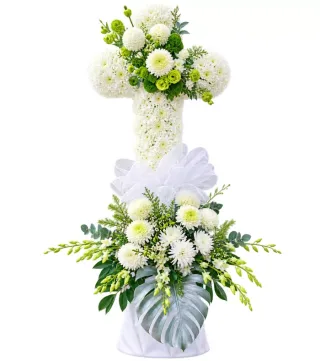 Kệ hoa viếng chữ thập cúc trắng