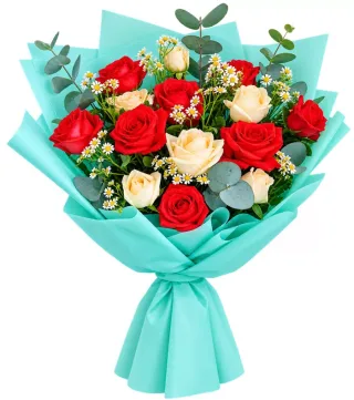 Bó hồng đỏ kem giấy xanh