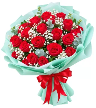 Bó hồng đỏ gói xanh ngọc