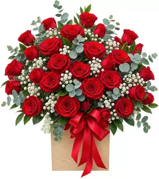 Giỏ hồng đỏ phối lá bạc