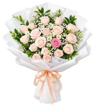 Bó hồng phấn phối hoa trắng