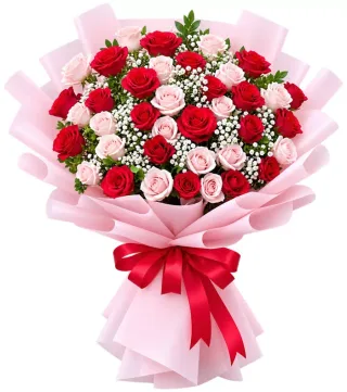 Bó hồng đỏ xen hồng phấn