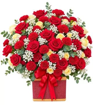 Giỏ hồng đỏ phối cẩm chướng