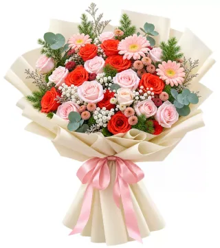 Bó hồng phối đồng tiền hồng