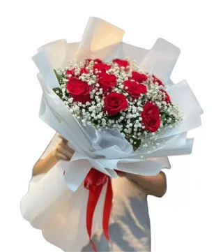 Bó hồng đỏ baby trắng