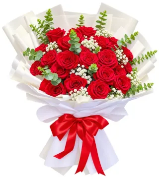 Bó hồng đỏ phối lá xanh
