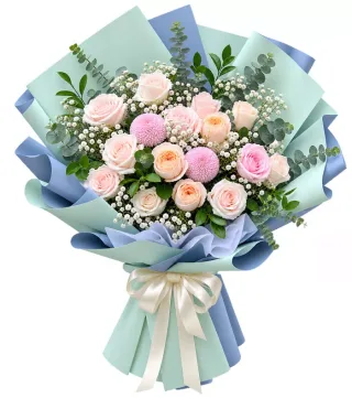 Bó hồng phấn giấy xanh
