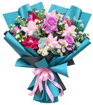 Bó hồng tím phối hoa hồng