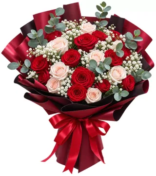 Bó hồng đỏ kem giấy đỏ sẫm