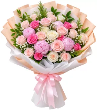 Bó hồng phấn phối cẩm chướng