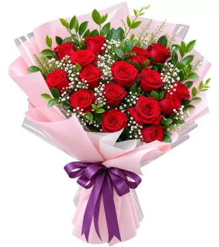 Bó hồng đỏ nơ tím