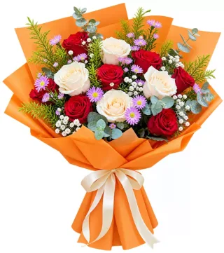 Bó hồng đỏ kem gói cam