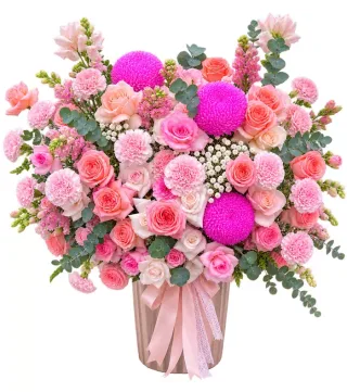 Giỏ hồng phấn phối cúc hồng