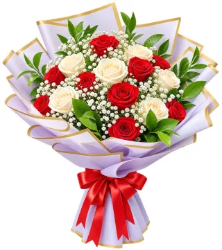 Bó hồng đỏ kem gói trắng