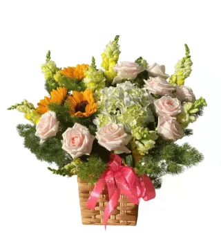 Giỏ hồng phấn phối cẩm tú cầu trắng xanh