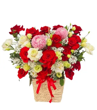 Giỏ hồng đỏ phối hồng kem