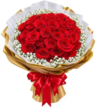 Bó hồng đỏ tròn gói vàng