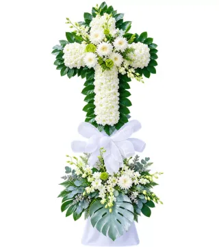 Kệ hoa viếng chữ thập trắng