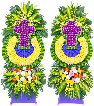Kệ hoa viếng chữ thập tím vàng
