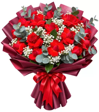 Bó hồng đỏ phối lá bạc
