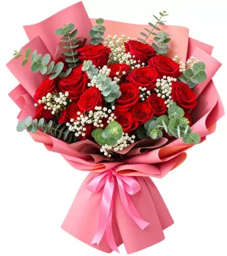 Bó hồng đỏ gói hồng