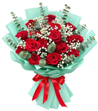 Bó hồng đỏ gói xanh ngọc