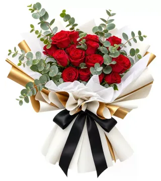 Bó hồng đỏ nơ đen